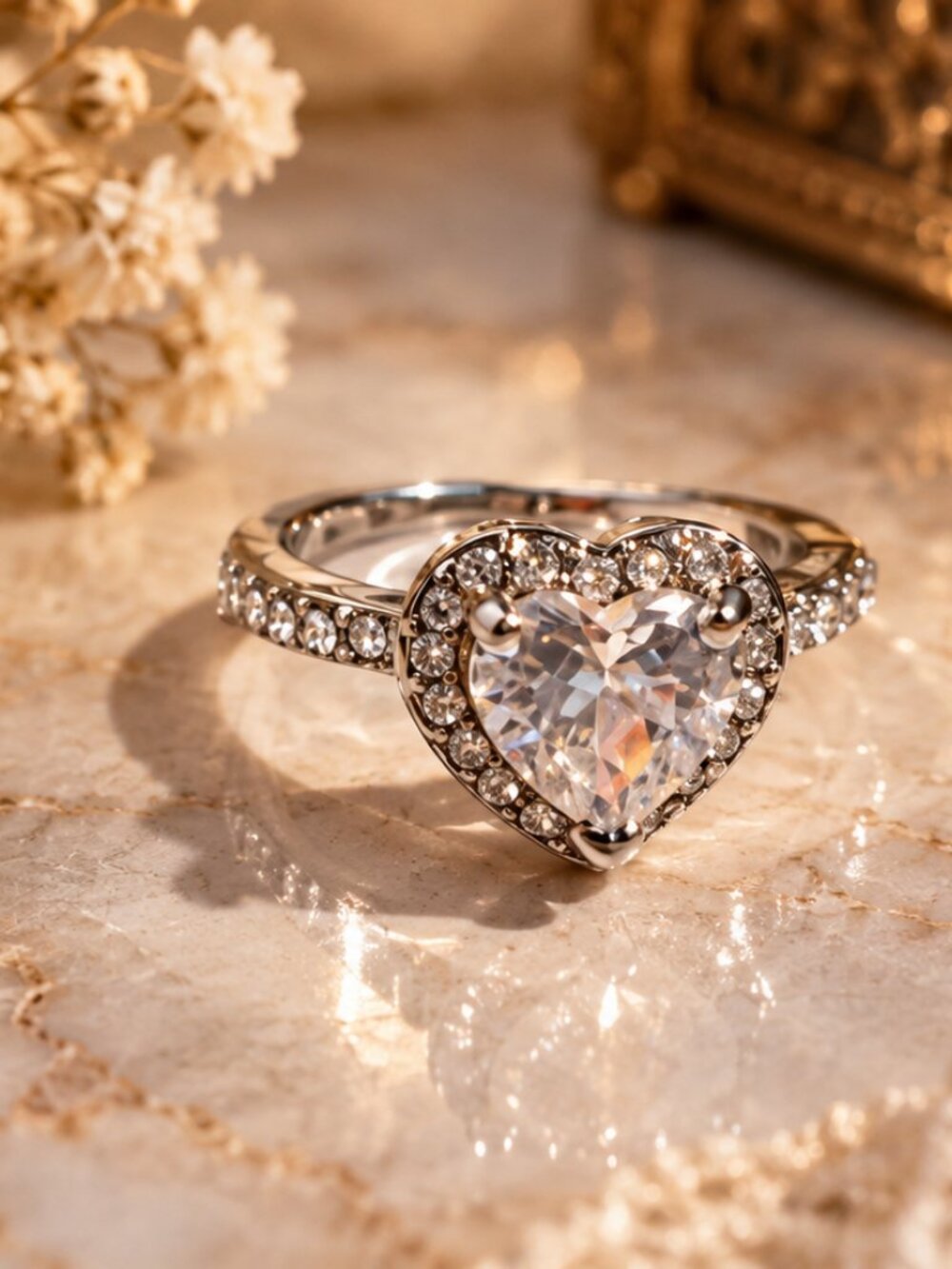Silver Heart Solitaire Halo Ring with Pavé Band | Size 5.5